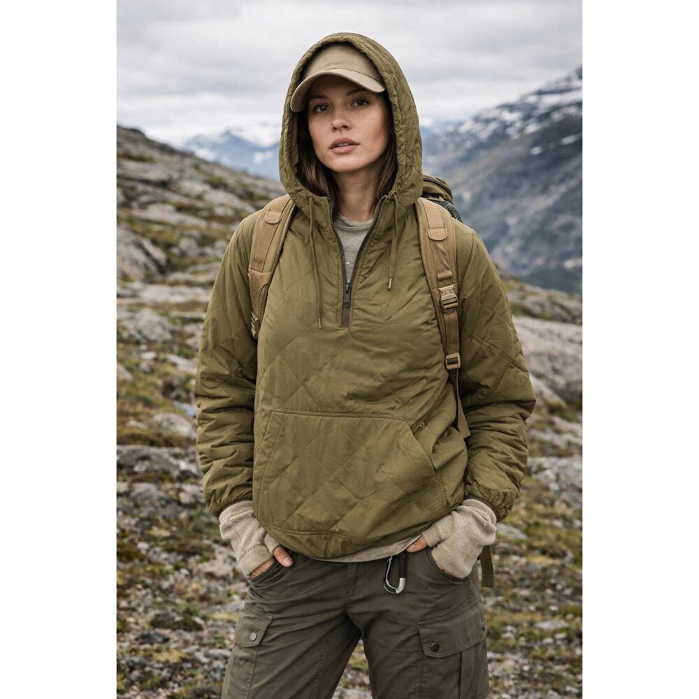 J Crew Primaloft Quilted Hoodie S Olive Green Eco Sustainable Gorpcore Outdoor